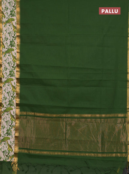 Semi mangalagiri cotton saree sap green and beige with plain body and long zari woven kalamkari printed border & blouse