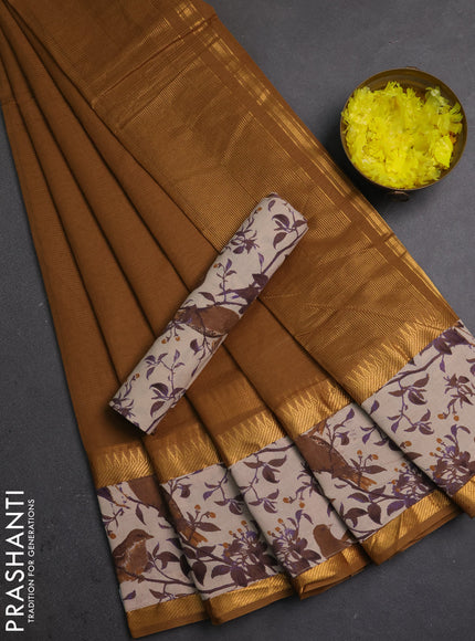 Semi mangalagiri cotton saree dark sandal and purple beige with plain body and long zari woven kalamkari printed border & blouse