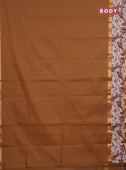 Semi mangalagiri cotton saree dark sandal and purple beige with plain body and long zari woven kalamkari printed border & blouse