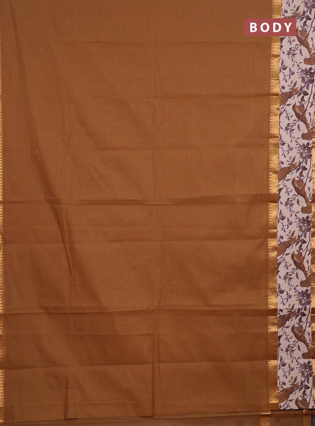 Mangalagiri cotton saree dark sandal and purple beige with plain body and long zari woven kalamkari printed border & blouse