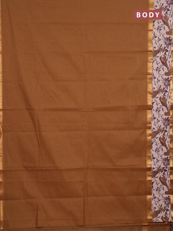 Mangalagiri cotton saree dark sandal and purple beige with plain body and long zari woven kalamkari printed border & blouse