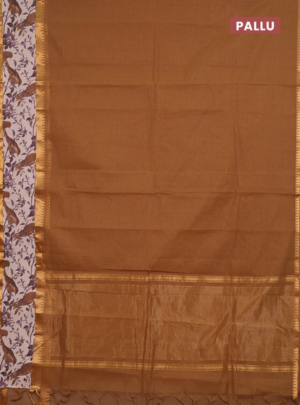 Semi mangalagiri cotton saree dark sandal and purple beige with plain body and long zari woven kalamkari printed border & blouse