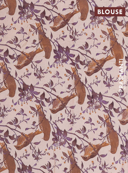 Semi mangalagiri cotton saree dark sandal and purple beige with plain body and long zari woven kalamkari printed border & blouse