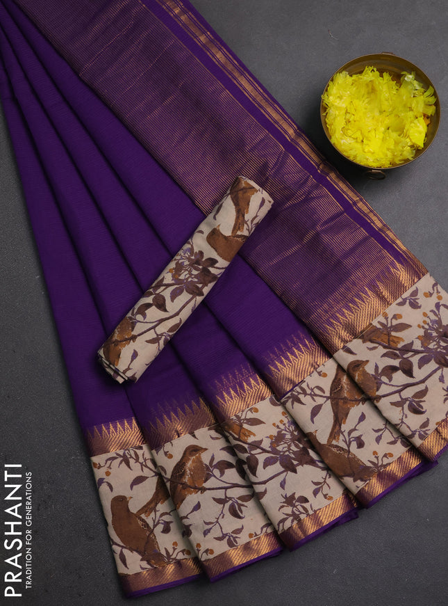 Mangalagiri cotton saree purple and beige with plain body and long zari woven kalamkari printed border & blouse