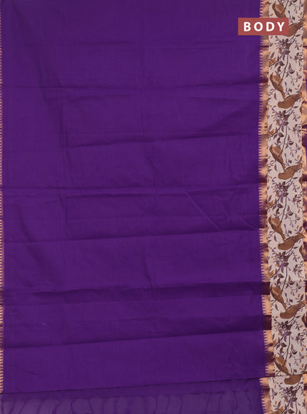 Semi mangalagiri cotton saree purple and beige with plain body and long zari woven kalamkari printed border & blouse