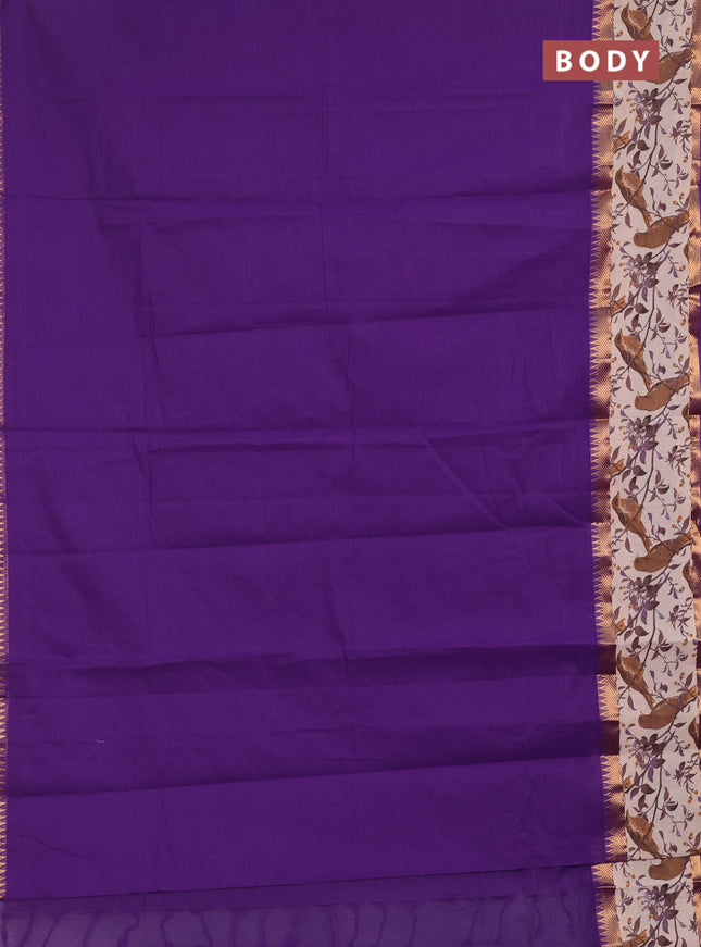 Mangalagiri cotton saree purple and beige with plain body and long zari woven kalamkari printed border & blouse