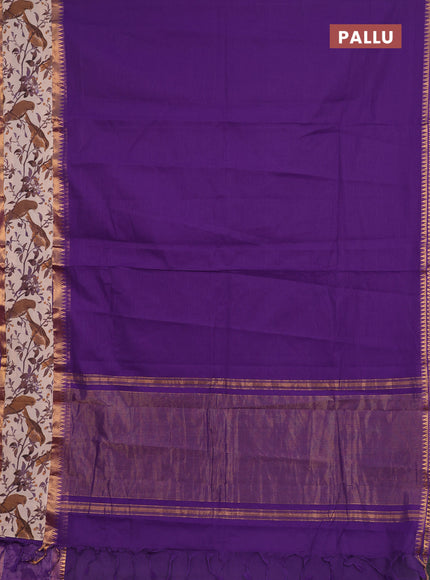 Semi mangalagiri cotton saree purple and beige with plain body and long zari woven kalamkari printed border & blouse