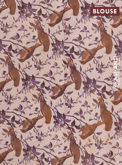 Semi mangalagiri cotton saree purple and beige with plain body and long zari woven kalamkari printed border & blouse