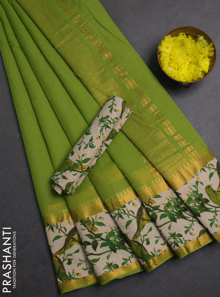 Semi mangalagiri cotton saree lime green and beige with plain body and long zari woven kalamkari printed border & blouse