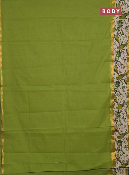 Semi mangalagiri cotton saree lime green and beige with plain body and long zari woven kalamkari printed border & blouse