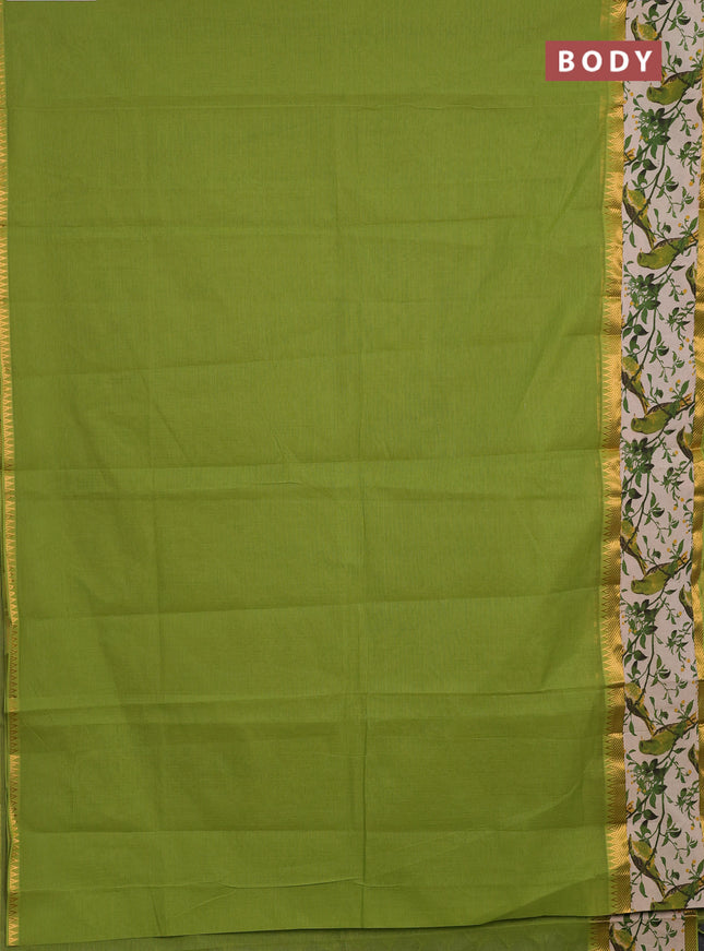 Mangalagiri cotton saree lime green and beige with plain body and long zari woven kalamkari printed border & blouse