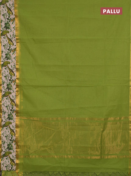 Semi mangalagiri cotton saree lime green and beige with plain body and long zari woven kalamkari printed border & blouse