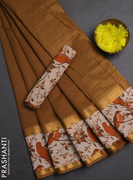 Semi mangalagiri cotton saree dark sandal and orange beige with plain body and long zari woven kalamkari printed border & blouse