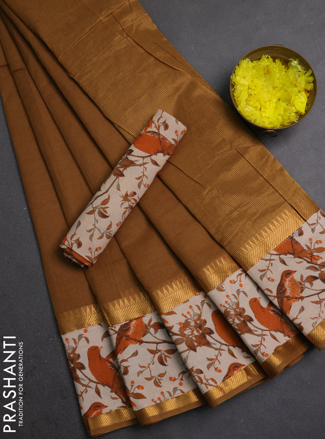 Mangalagiri cotton saree dark sandal and orange beige with plain body and long zari woven kalamkari printed border & blouse