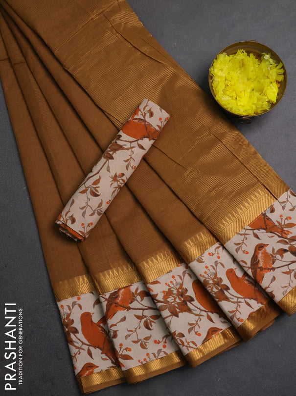 Mangalagiri cotton saree dark sandal and orange beige with plain body and long zari woven kalamkari printed border & blouse