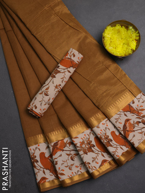 Mangalagiri cotton saree dark sandal and orange beige with plain body and long zari woven kalamkari printed border & blouse
