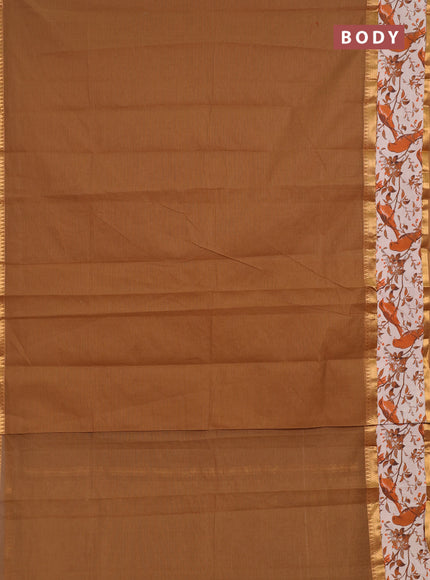 Semi mangalagiri cotton saree dark sandal and orange beige with plain body and long zari woven kalamkari printed border & blouse