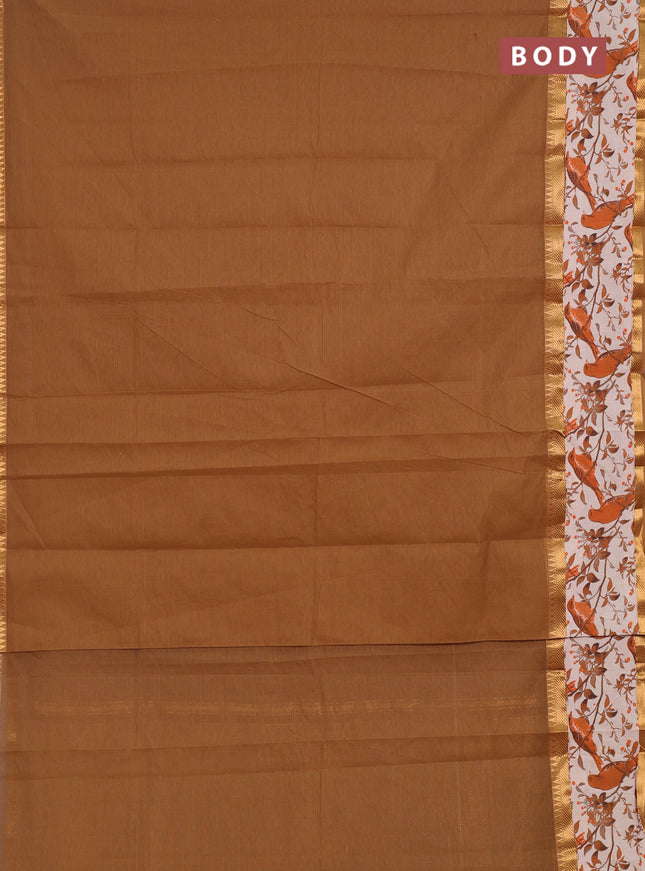 Mangalagiri cotton saree dark sandal and orange beige with plain body and long zari woven kalamkari printed border & blouse