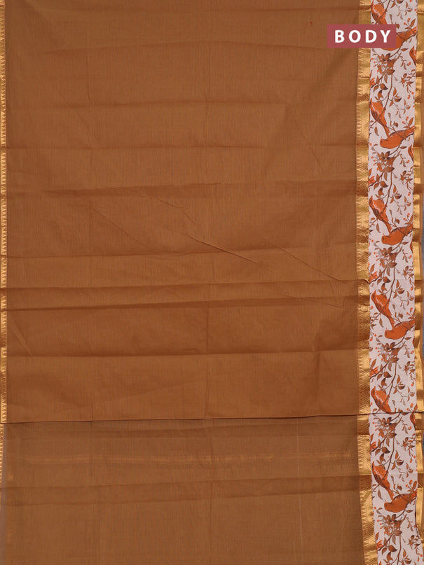 Mangalagiri cotton saree dark sandal and orange beige with plain body and long zari woven kalamkari printed border & blouse