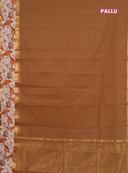 Semi mangalagiri cotton saree dark sandal and orange beige with plain body and long zari woven kalamkari printed border & blouse