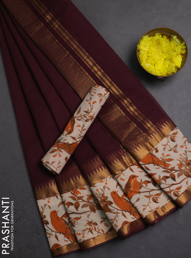 Mangalagiri cotton saree wine and orange beige with plain body and long zari woven kalamkari printed border & blouse
