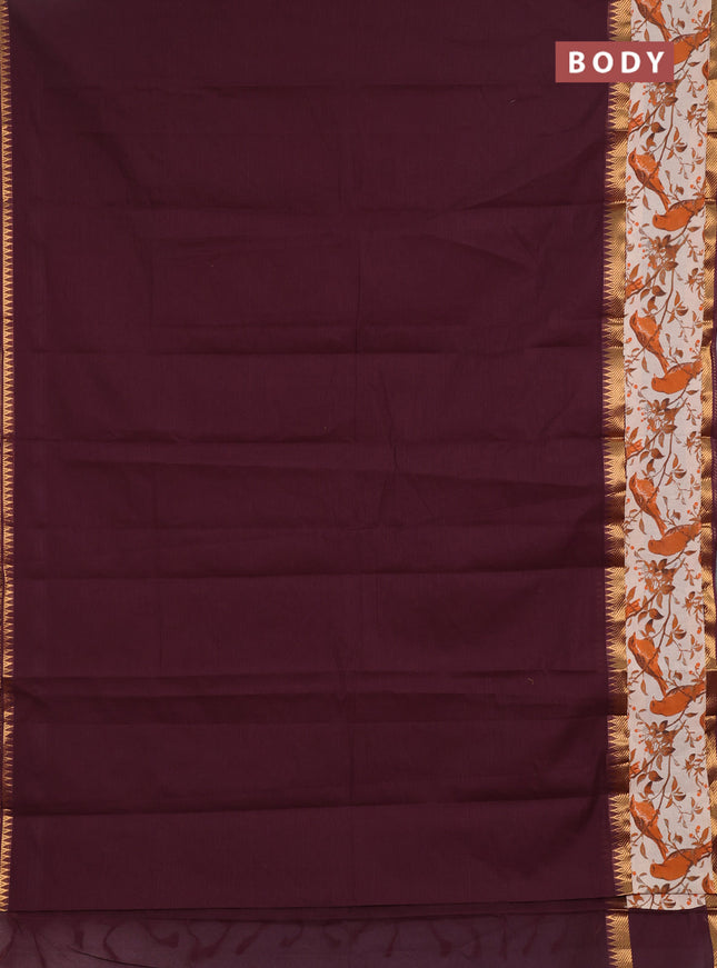 Mangalagiri cotton saree wine and orange beige with plain body and long zari woven kalamkari printed border & blouse