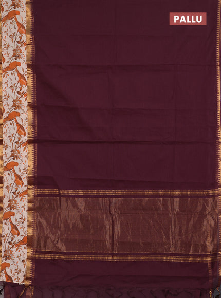 Semi mangalagiri cotton saree wine and orange beige with plain body and long zari woven kalamkari printed border & blouse