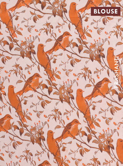 Semi mangalagiri cotton saree wine and orange beige with plain body and long zari woven kalamkari printed border & blouse