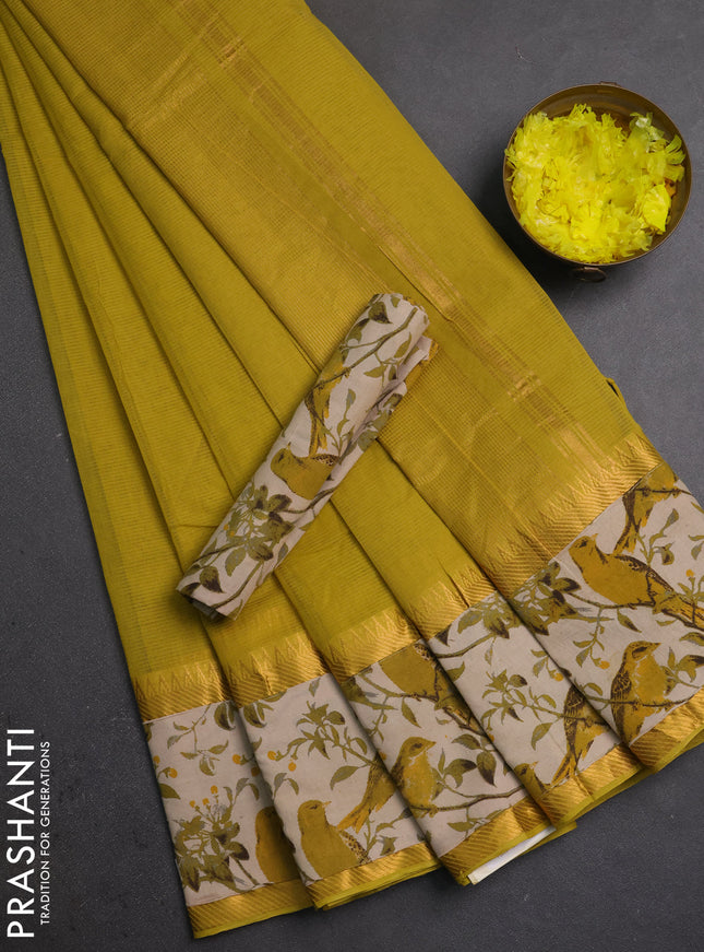 Mangalagiri cotton saree lime yellow and beige with plain body and long zari woven kalamkari printed border & blouse
