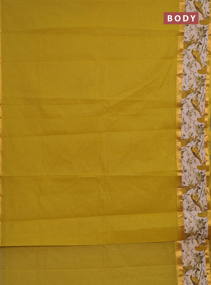 Semi mangalagiri cotton saree lime yellow and beige with plain body and long zari woven kalamkari printed border & blouse