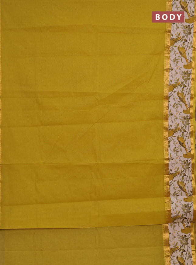 Mangalagiri cotton saree lime yellow and beige with plain body and long zari woven kalamkari printed border & blouse