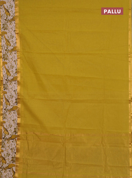 Semi mangalagiri cotton saree lime yellow and beige with plain body and long zari woven kalamkari printed border & blouse