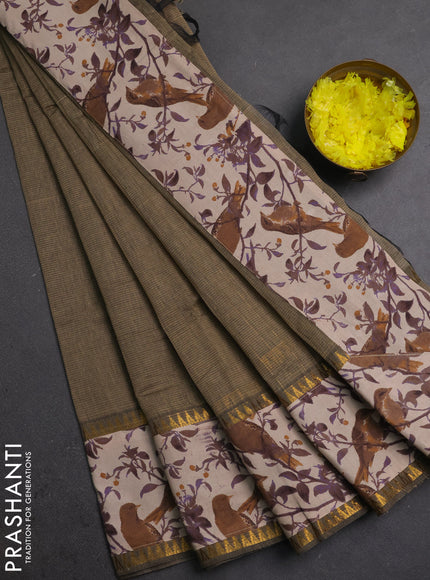 Semi mangalagiri cotton saree chiku and beige with plain body and long zari woven kalamkari printed border & blouse