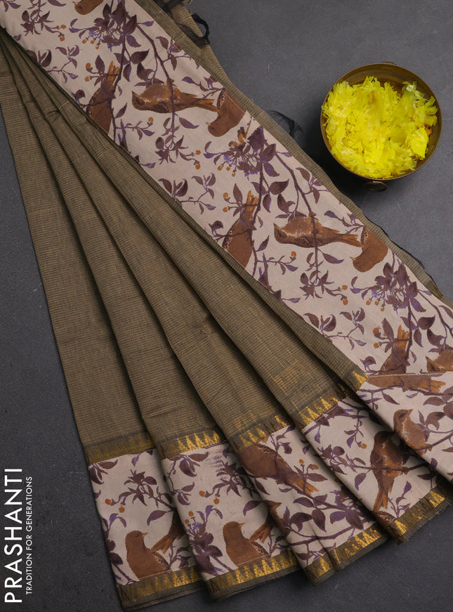 Mangalagiri cotton saree chiku and beige with plain body and long zari woven kalamkari printed border & blouse