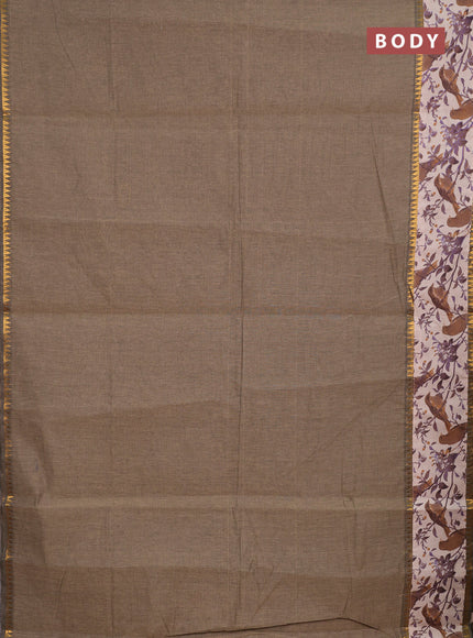 Semi mangalagiri cotton saree chiku and beige with plain body and long zari woven kalamkari printed border & blouse
