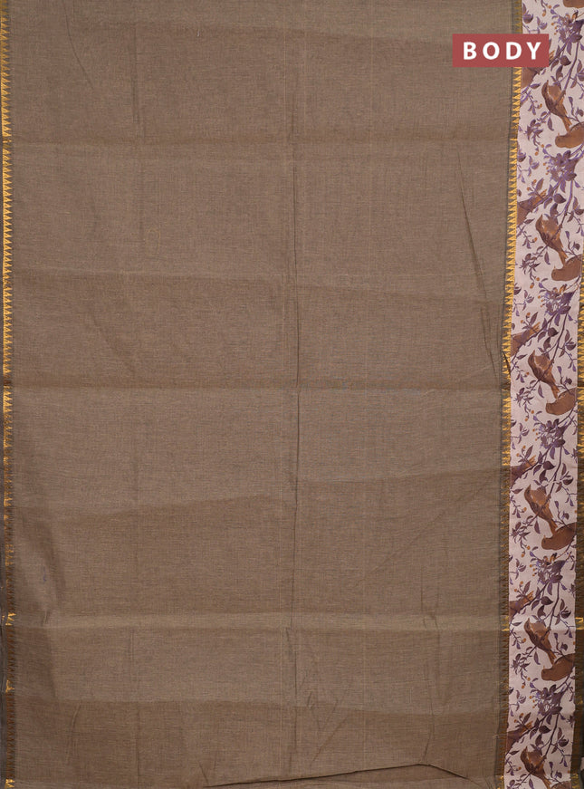 Mangalagiri cotton saree chiku and beige with plain body and long zari woven kalamkari printed border & blouse