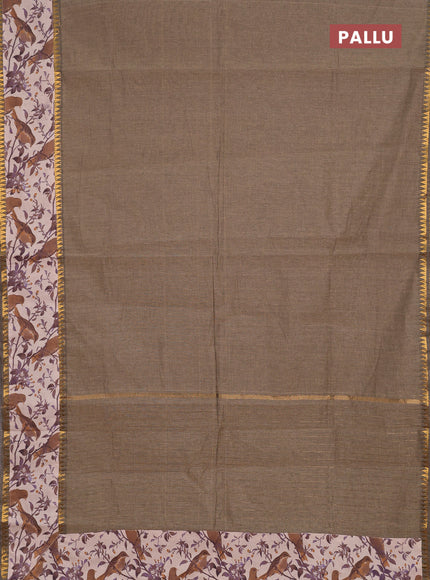 Semi mangalagiri cotton saree chiku and beige with plain body and long zari woven kalamkari printed border & blouse