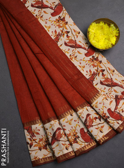 Semi mangalagiri cotton saree rust shade and beige with plain body and long zari woven kalamkari printed border & blouse
