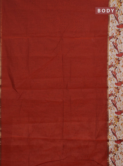 Semi mangalagiri cotton saree rust shade and beige with plain body and long zari woven kalamkari printed border & blouse
