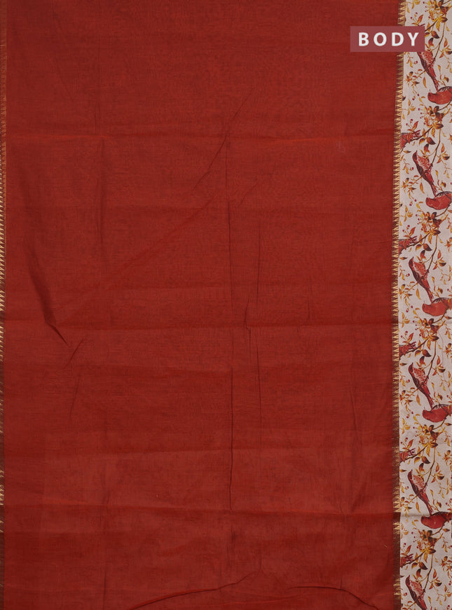 Mangalagiri cotton saree rust shade and beige with plain body and long zari woven kalamkari printed border & blouse