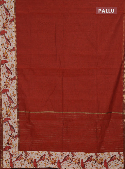 Semi mangalagiri cotton saree rust shade and beige with plain body and long zari woven kalamkari printed border & blouse