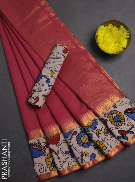 Semi mangalagiri cotton saree mauve pink and beige with plain body and long zari woven kalamkari printed border & blouse