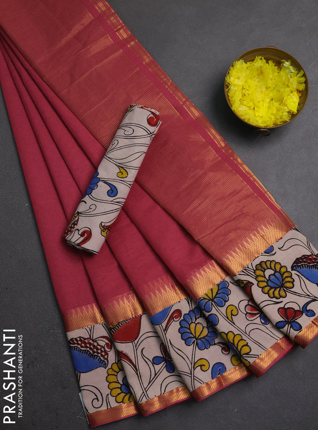 Mangalagiri cotton saree mauve pink and beige with plain body and long zari woven kalamkari printed border & blouse