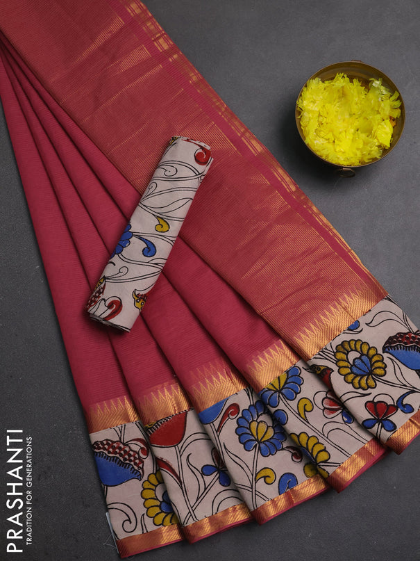 Mangalagiri cotton saree mauve pink and beige with plain body and long zari woven kalamkari printed border & blouse