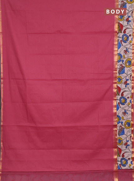Semi mangalagiri cotton saree mauve pink and beige with plain body and long zari woven kalamkari printed border & blouse