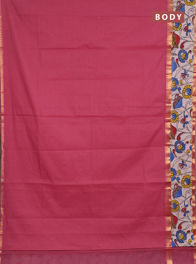 Mangalagiri cotton saree mauve pink and beige with plain body and long zari woven kalamkari printed border & blouse