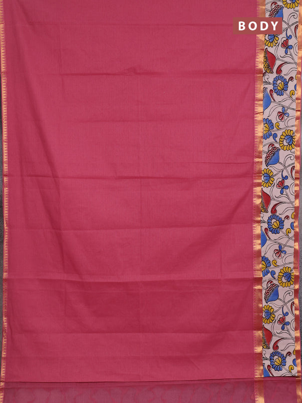 Mangalagiri cotton saree mauve pink and beige with plain body and long zari woven kalamkari printed border & blouse