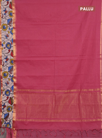 Semi mangalagiri cotton saree mauve pink and beige with plain body and long zari woven kalamkari printed border & blouse
