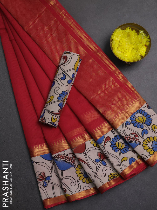 Mangalagiri cotton saree red and beige with plain body and long zari woven kalamkari printed border & blouse