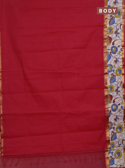 Semi mangalagiri cotton saree red and beige with plain body and long zari woven kalamkari printed border & blouse